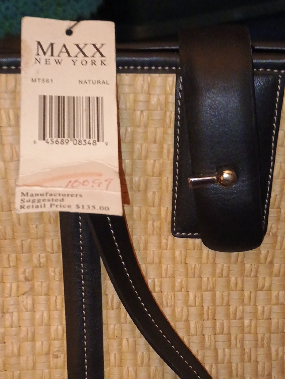 MAXX New York Natural Woven Tote with Black Trim and Gold Accent